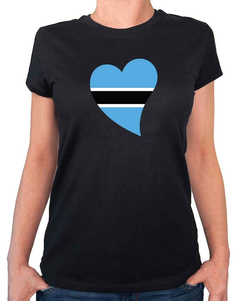 Huuraa Damen T-Shirt Botswana Flagge Herz XL Black Bio Baumwolle Fairtrade Damenshirt Geschenkidee