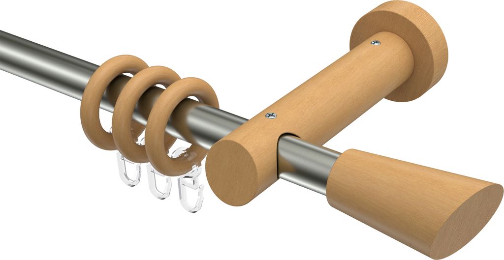 Interdeco Gardinenstange / Vorhangstange Edelstahl-Optik / Buche lackiert, Typ Talena Bero (Konus Schräge), 20 mm Ø 1-läufig, 600 cm