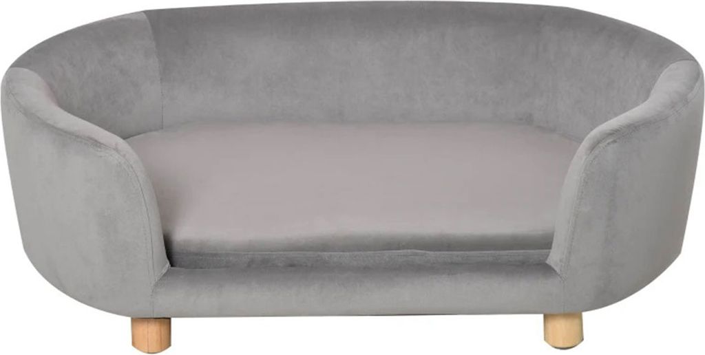 A light gray pet sofa with wooden legs on a white background.