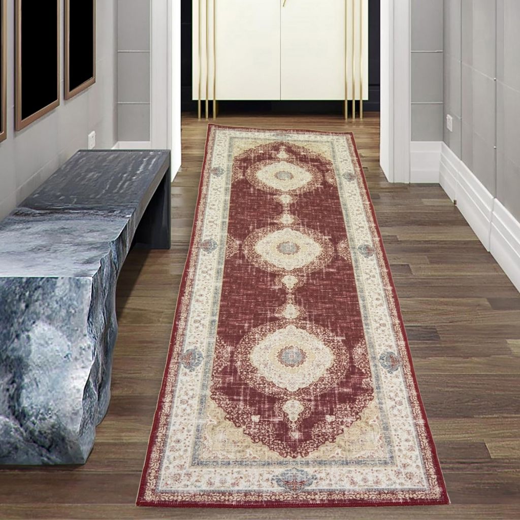 Klassisch orientalischer Teppich mit schönen Pflanzen Verzierungen & Blumen Ornamenten in rot creme beige gold Größe - 80 x 150 cm