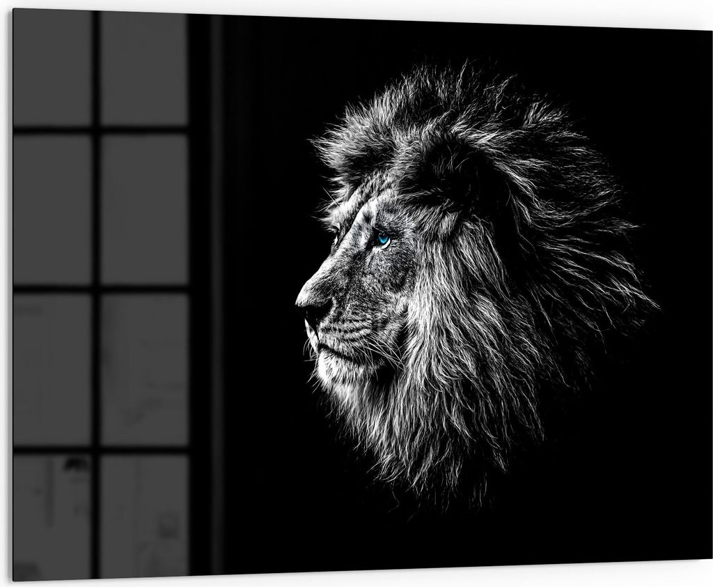 DEQORI Küchenrückwand Glas 80x60 cm 'König der Tiere im Profil' Spritzschutz Bad Rückwand