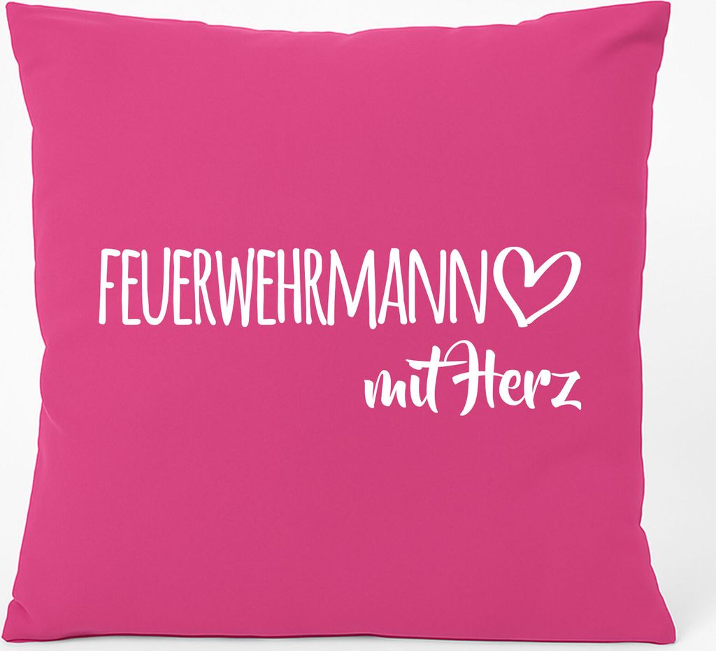 Huuraa Kissen Feuerwehrmann mit Herz 40x40cm mit Füllung Fuchsia Baumwolle Dekokissen Geschenkidee
