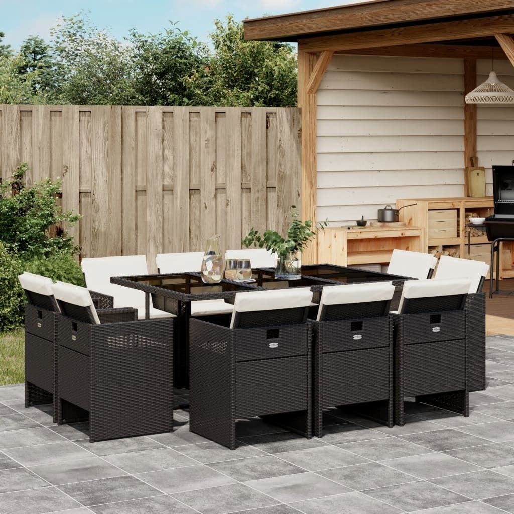 Eleganten-Stil Gartenmöbel Set Balkonmöbel-Set 11-tlg. Garten-Essgruppe mit Kissen Schwarz Poly Rattan - Gartenmöbelgarnituren Hommie1510225 4pa...