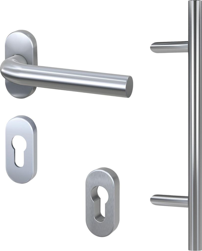 BASI - Stoßgriff-Komplettset für Haustüren - Stoßgriff Stangen-Form + 1/2-Schmalrahmen-Garnitur + Schmalrahmen-Schutzrosette - 7000-SGS6