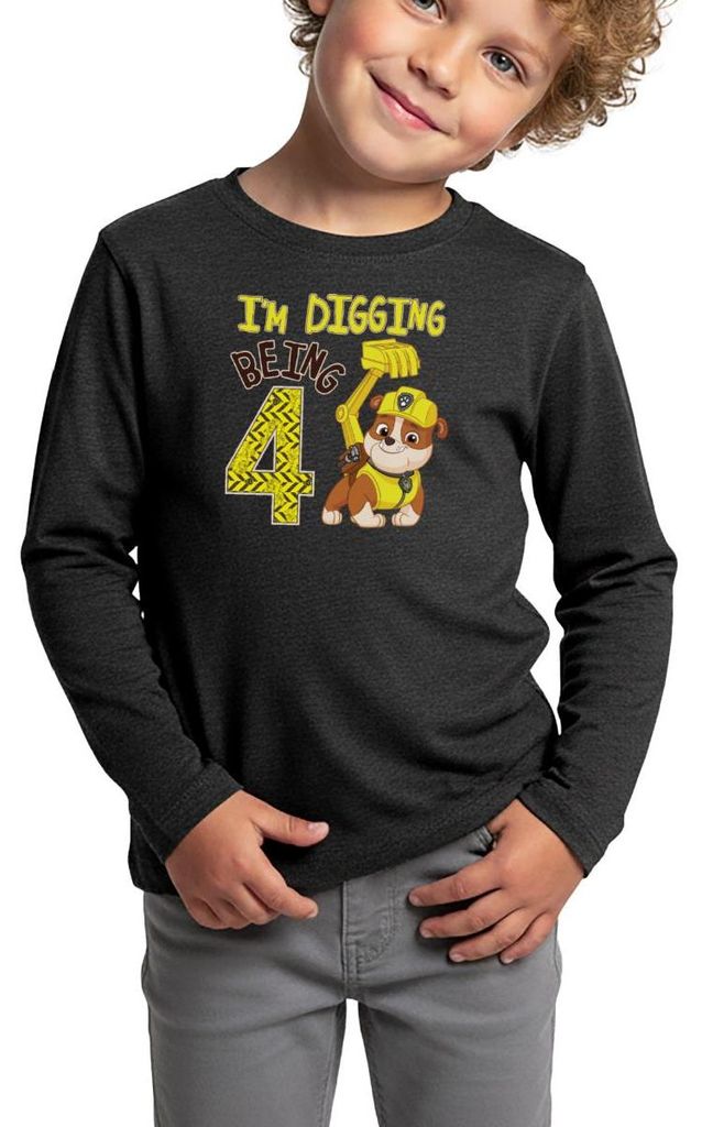 Spreadshirt Paw Patrol Rubble 4. Geburtstag Kinder Premium Langarmshirt, 110/116 (4 Jahre), Anthrazit meliert