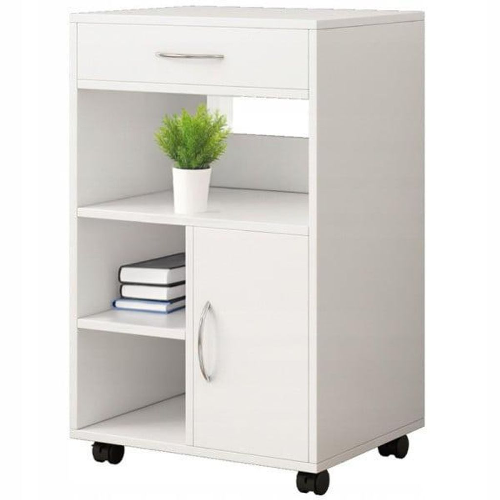 A white multi-functional cabinet with a drawer, shelves, and a door, mounted on wheels.