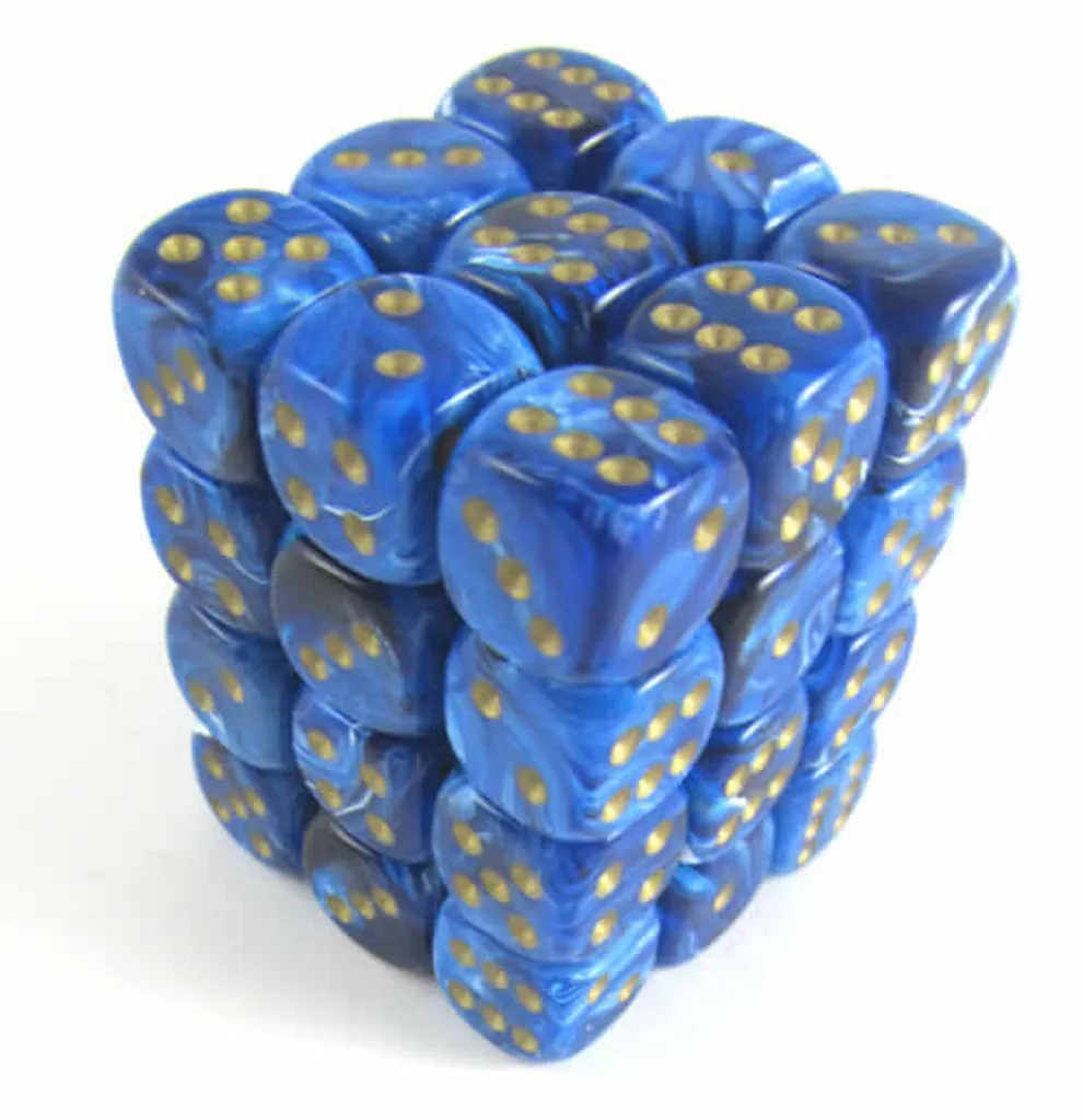 Dés d6 12mm Vortex Blue Signature : 36 dés bleus avec points dorés d6