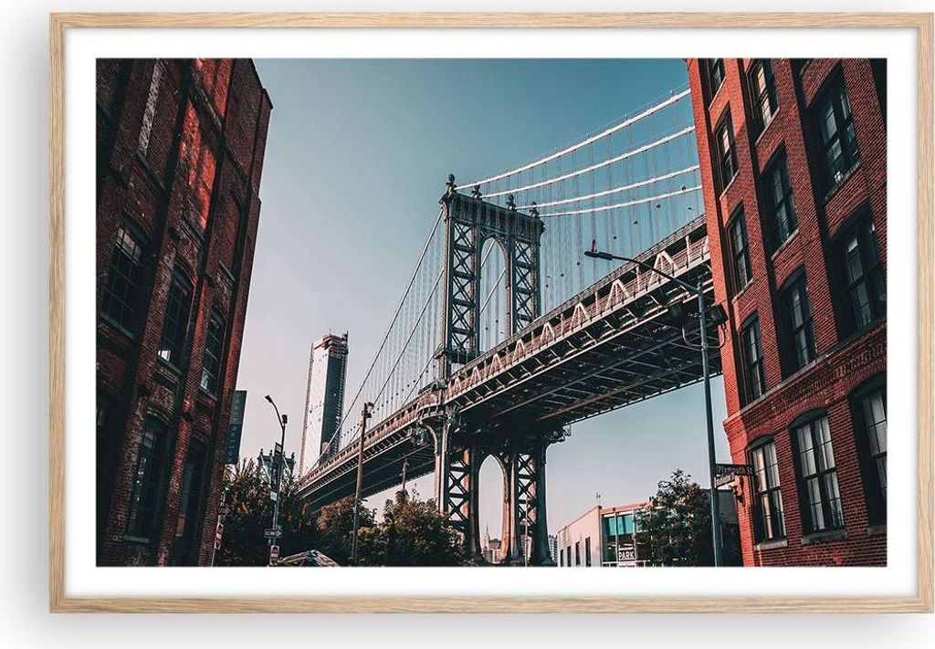Gerahmtes Poster - Rahmen in heller Eiche - Manhattan Brücke Brücke - 91,5x61 cm - Wand Bild - Wanddeko - Wandbilder - Kunstposter - Wandposter -...