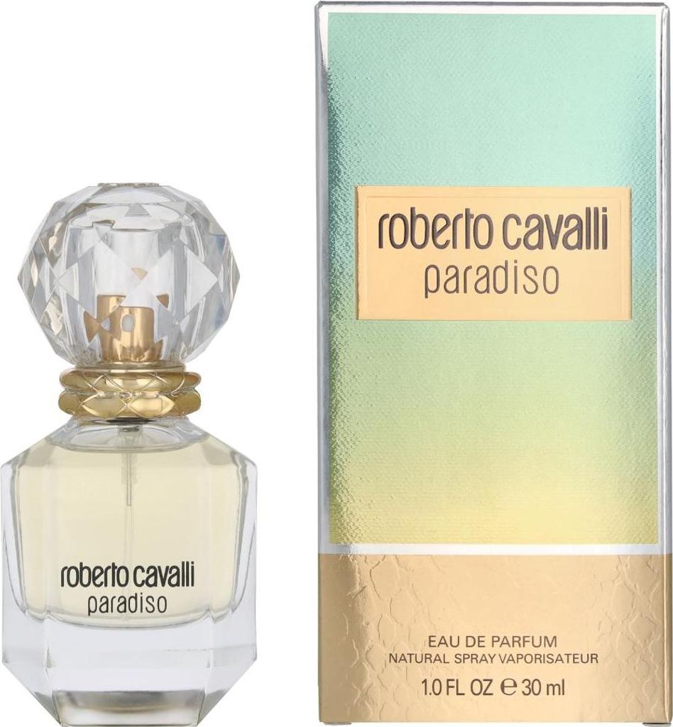A bottle of Roberto Cavalli Paradiso perfume and its packaging are shown against a white background.