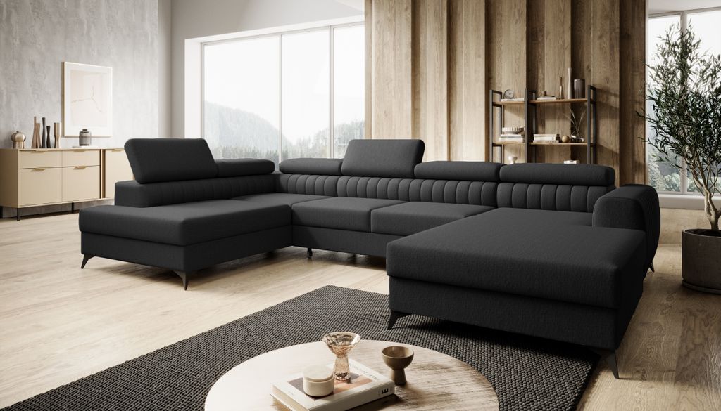 FURMEB24 ECKSOFA ALVIN U- form mit Schlaffunktion links 350 x 203 cm SCHWARZ