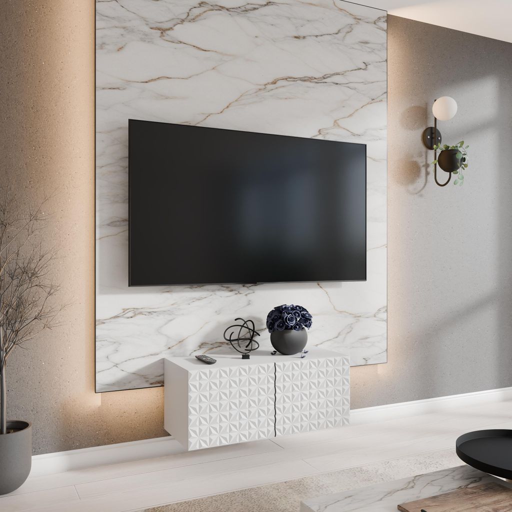 Moderner TV-Schrank 100 cm fürs Wohnzimmer CARO, 2-türiger TV-Schrank ohne Füße, Modischer Schrank mit Frontmuster mit geschlossenen Fächern, ...