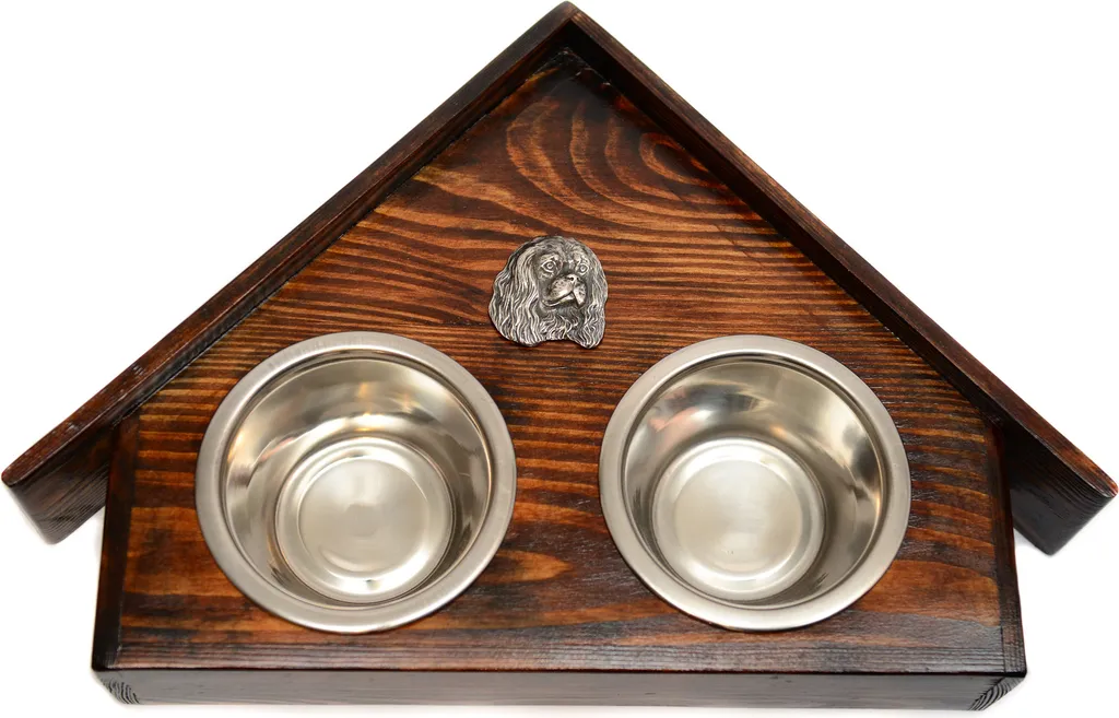 Support de gamelles pour chiens en bois décoratif Cavalier King Charles