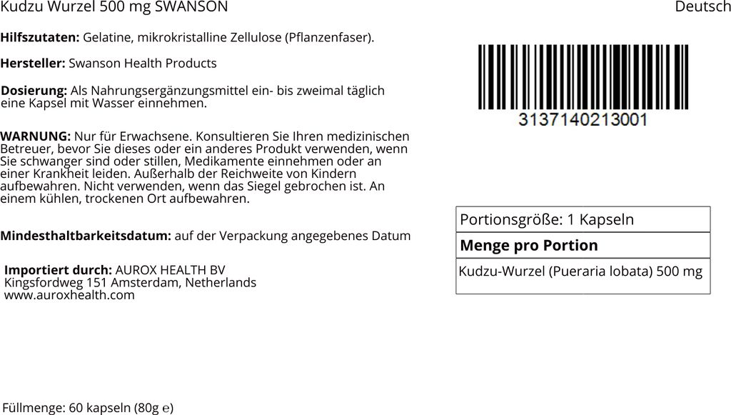 Kudzu Wurzel 500 mg 60 Kapseln Swanson Health Products Produktbild 