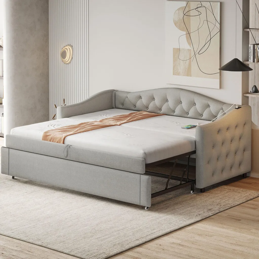 Lit Banquette 90x200 Gris en Lin avec Boutons Capitonnés et Port USB