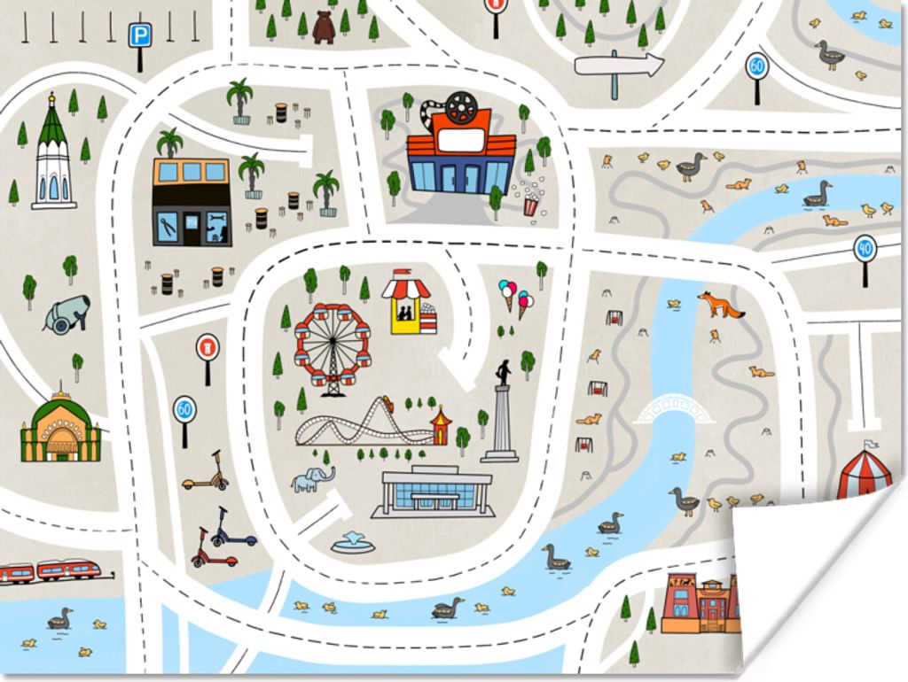 MuchoWow Poster Kinder - Stadt - Vergnügungspark - Auto 120x90 cm - Wandbild