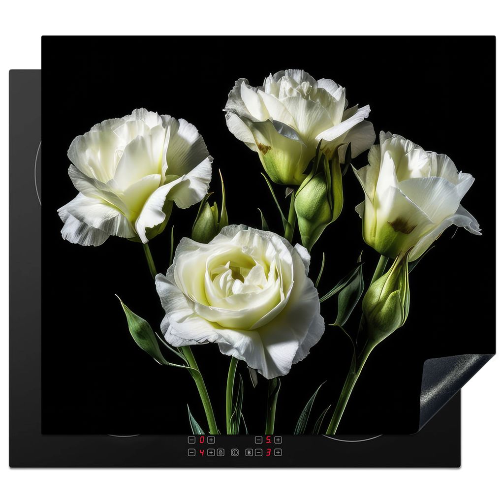 KitchenYeah Herdabdeckplatte Blumen - Rosen - Weiß - Botanisch - Schwarz , 57x51cm, Küche Deko, Glaskeramikkochfeld Herdabdeckung, Abdeckplatte...