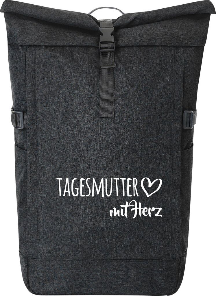 Huuraa Kurierrucksack Tagesmutter mit Herz 30-44 Liter Black Melange Fairtrade Rolltop Rucksack Geschenkidee