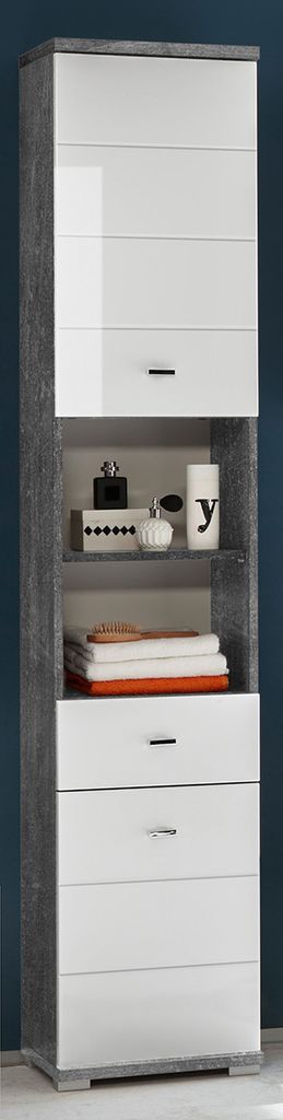 Hochschrank Badschrank Beistellschrank Bad Seitenschrank Badmöbel "Peter I" Beton / Weiß tiefzieh Hochglanz
