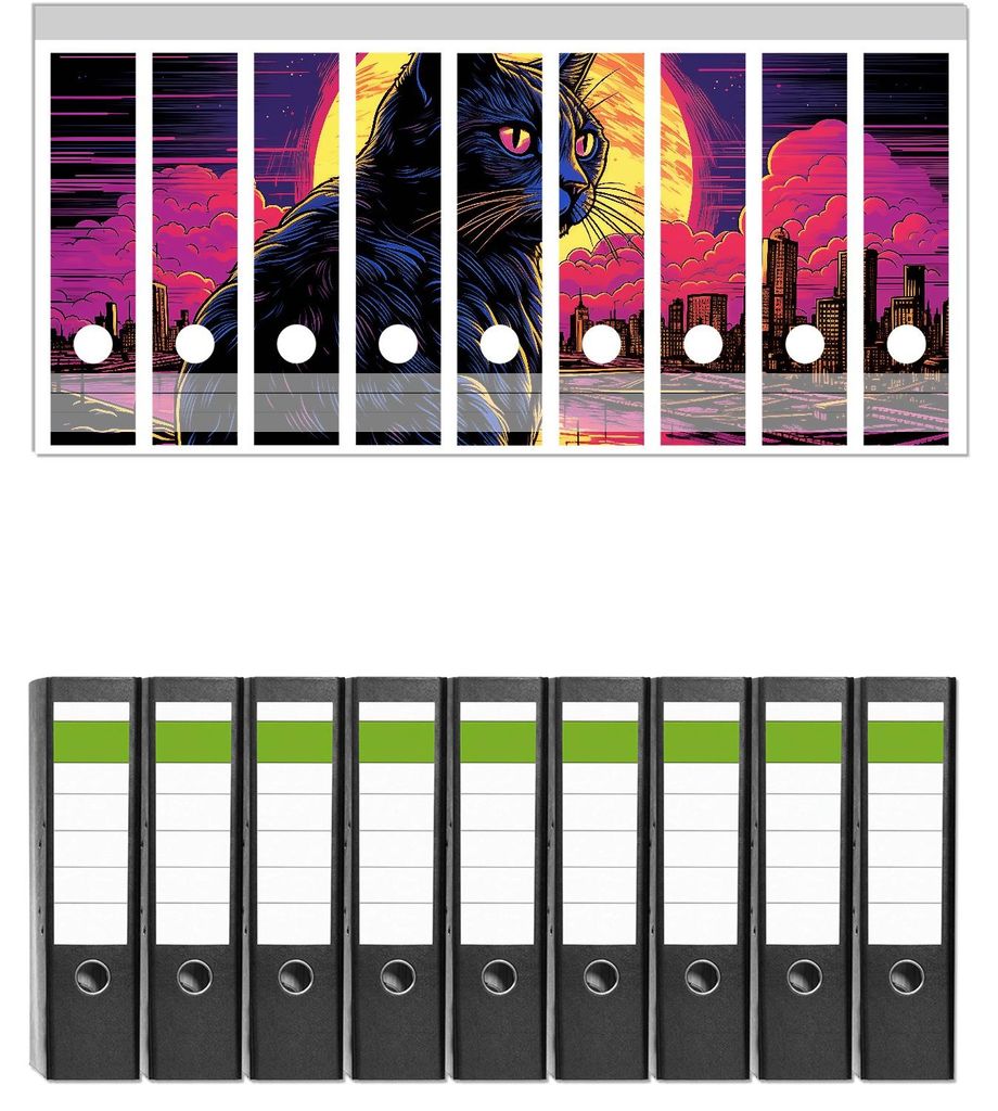 Wallario 9 Stück breite Ordner inkl. Klebeetiketten mit Motive Katze unter Vollmond - Set mit Rückenschildern / Ordnerrücken Stickern