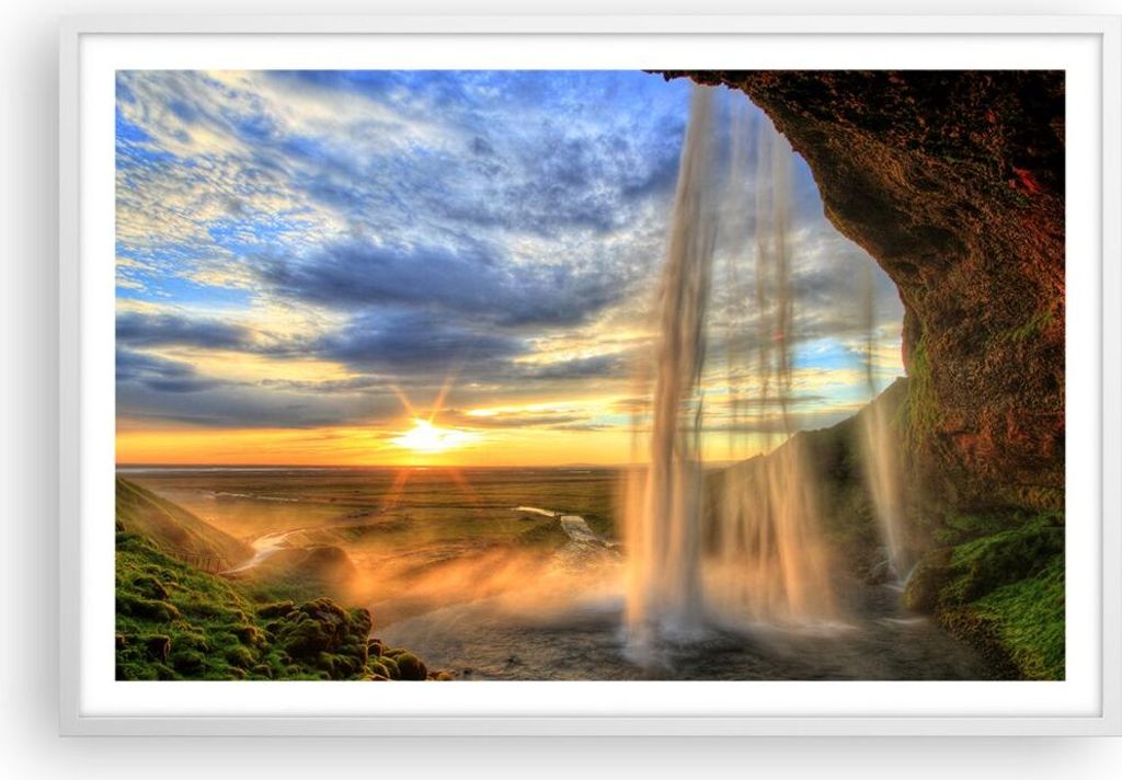 Gerahmtes Poster - Weißer Rahmen - Wasserfall Natur Park Sonne - 91,5x61 cm - Wand Bild - Wanddeko - Wandbilder - Wandposter - Bilderrahmen - Bild...