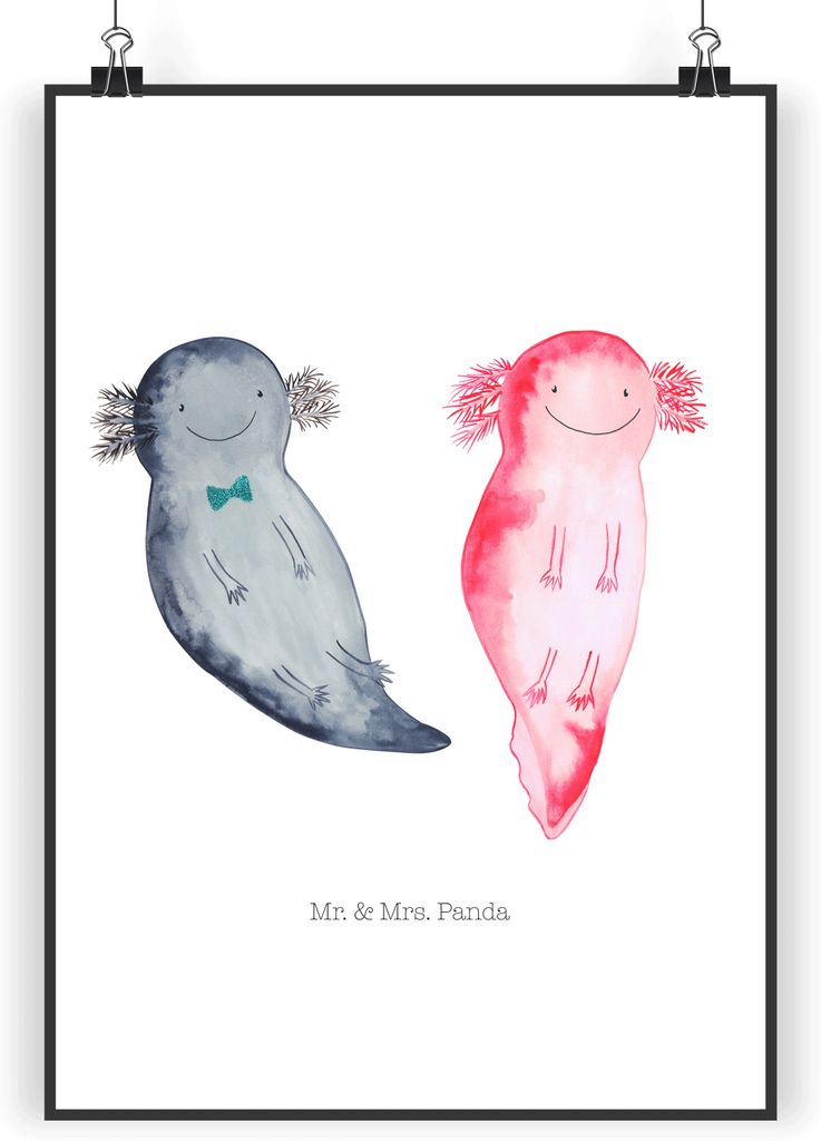 Mr. & Mrs. Panda Poster Axolotl Freundin DIN A3 - Weiß - Geschenk, wanddeko, kunstdruck, drucke, Wandbild, Liebe, Ehemann, Valentinstag, Bild