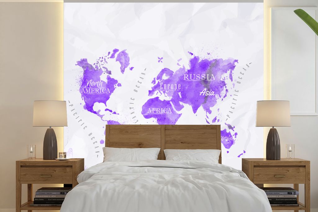 MuchoWow Fototapete für Wohnzimmer oder Schlafzimmer Wandtapete Vinyl Motivtapete Weltkarten - Ölfarbe - Violett - 350x350 cm - Schlafzimmertapete