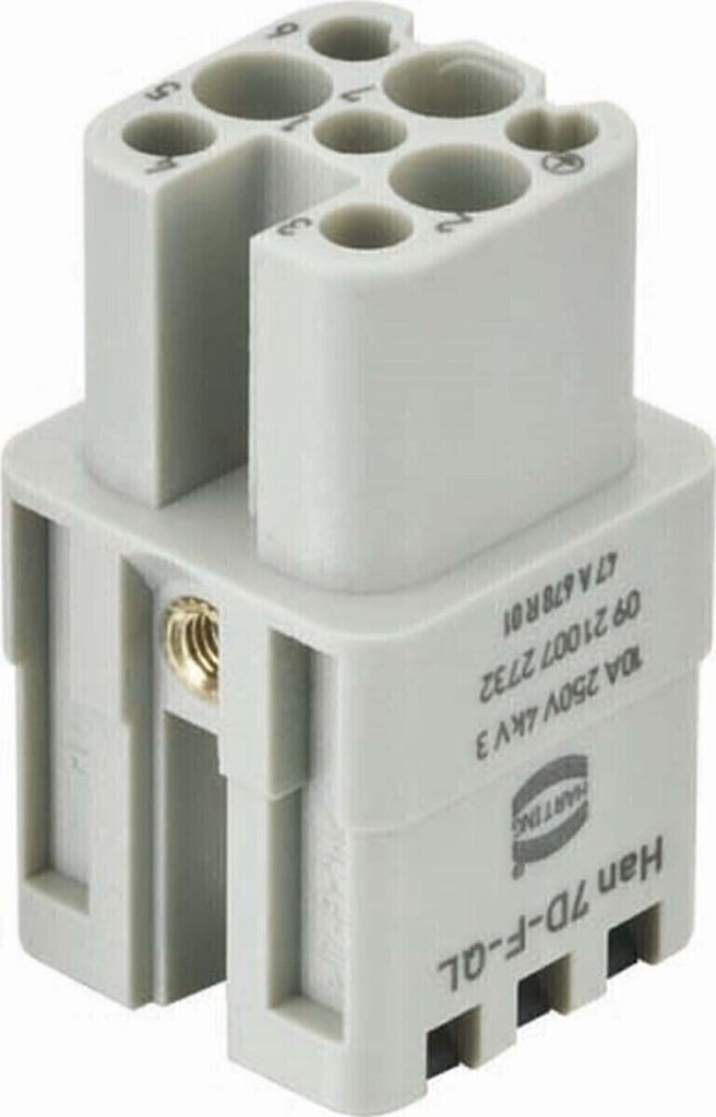 A close-up studio shot of a gray electrical connector.