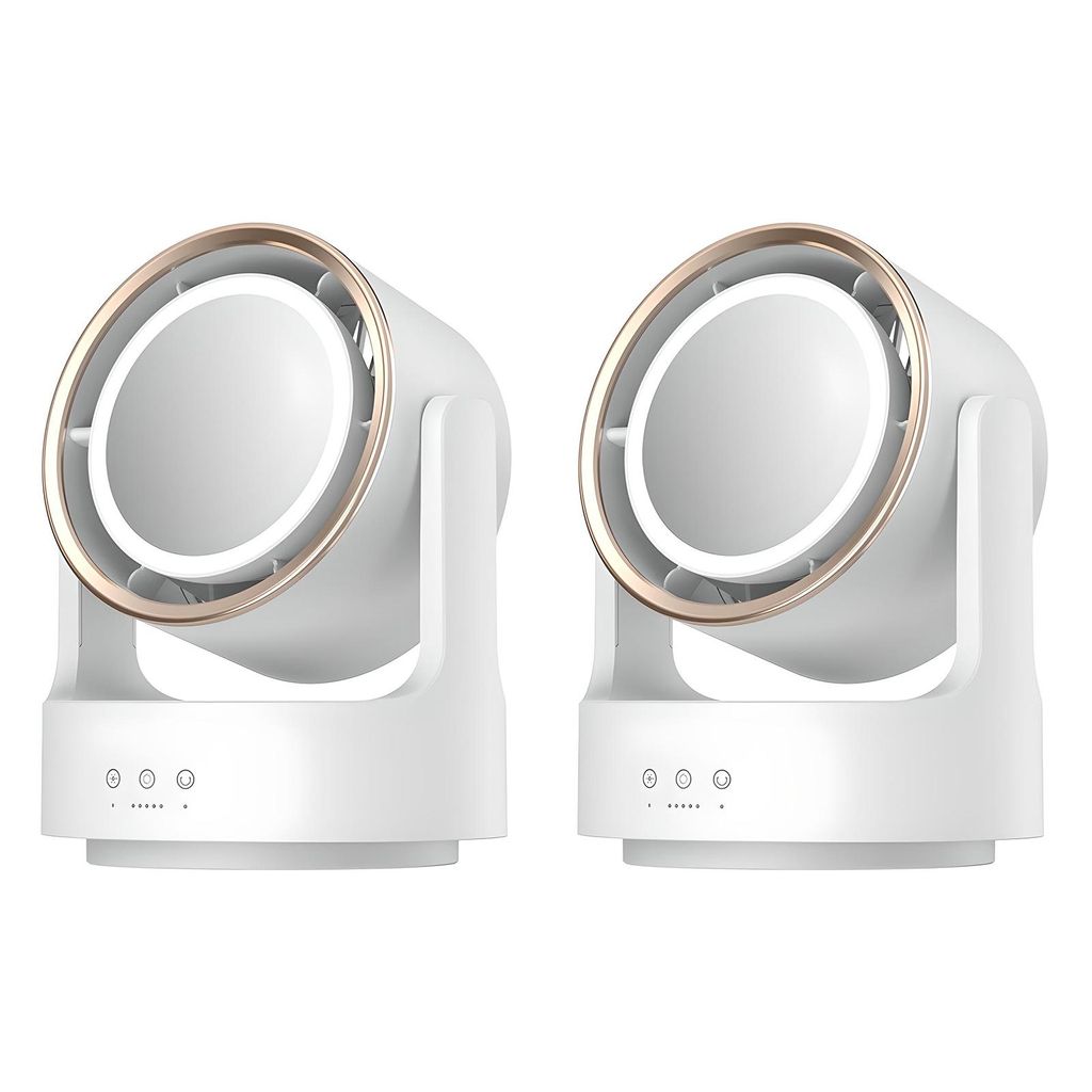 2x HDeye Tischventilator mit Licht und Kosmetikspiegel, 5 Geschwindigkeitsstufen, 2400 mAh, 3–6 Stunden Laufzeit, automatische Drehung, Touch-Sch...
