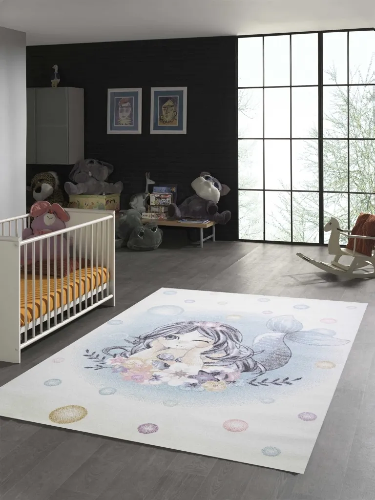 Tapis enfant Sirène crème et bleu 160x230 cm - Tapis de jeu certifié