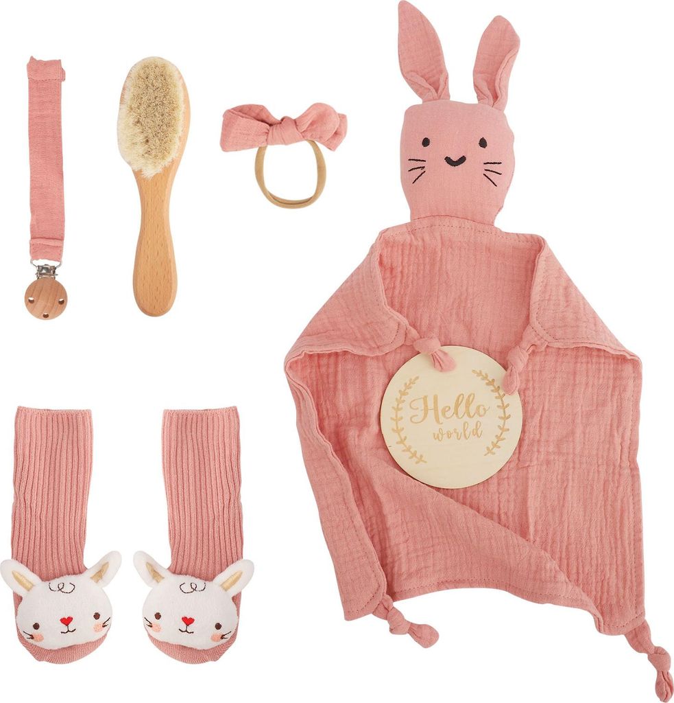Baby Geschenkset - 6-teilig - Neugeborene 0–12 Monate - Musselintuch & Lätzchen - Holzspielzeug & Rassel - Geschenkbox - Rosa