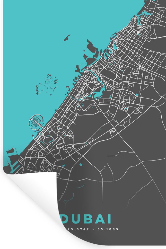 MuchoWow Wandtattoo Wandsticker Wandaufkleber Dubai - Blau - Karte - Stadtplan 80x120 cm Selbstklebend und Repositionierbar - Repositionierbar - ...