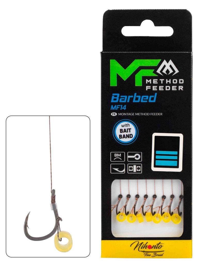 8x 10cm MIKADO METHOD FEEDER MF14 Haken Rig`s mit Bait Band geflochtener Schnur #8 / 0,14mm