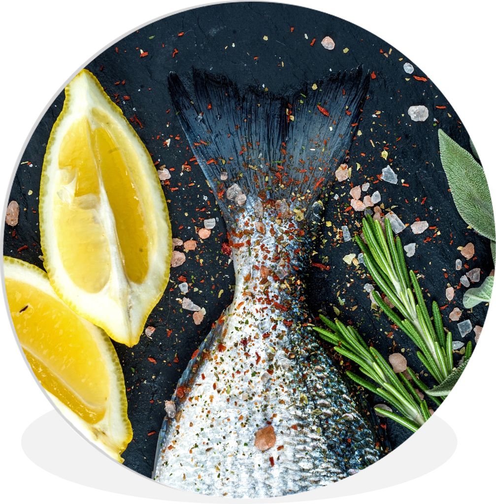 MuchoWow Rundes Wandbild - Runde Bilder Fisch - Zitrone - Kräuter Ø 30 cm Kreis Wanddekoration Kunststoff - Wandkreis - Wandschmuck - Schlafzim...