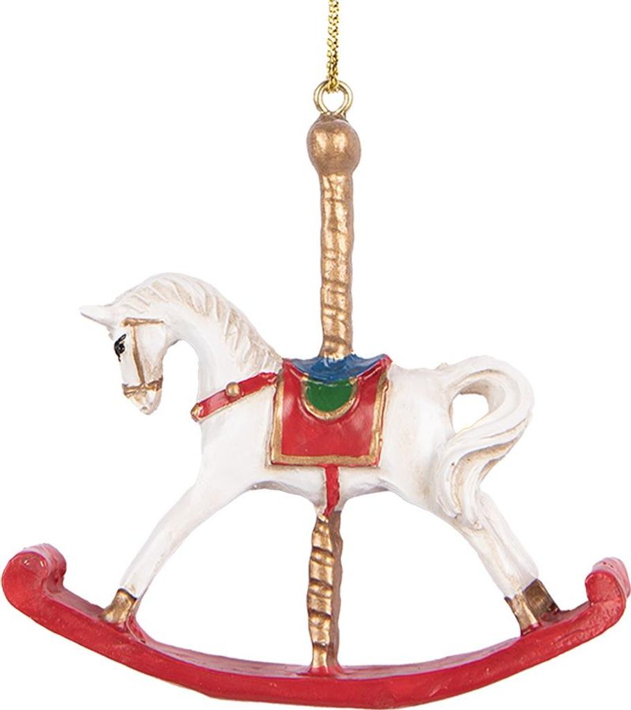 A white rocking horse Christmas ornament with a red base and gold pole.