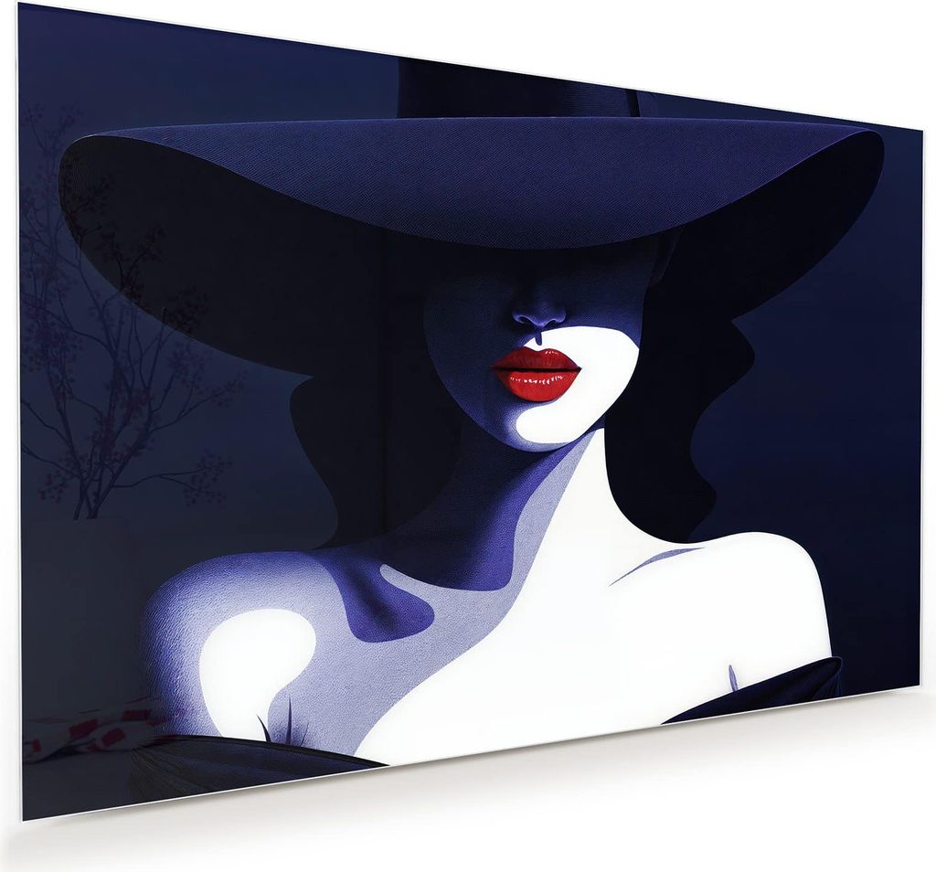 Glasbild 45x30cm in XXL für Wohnzimmer, Schlafzimmer Motiv Dame Mit Hut Dunkel
