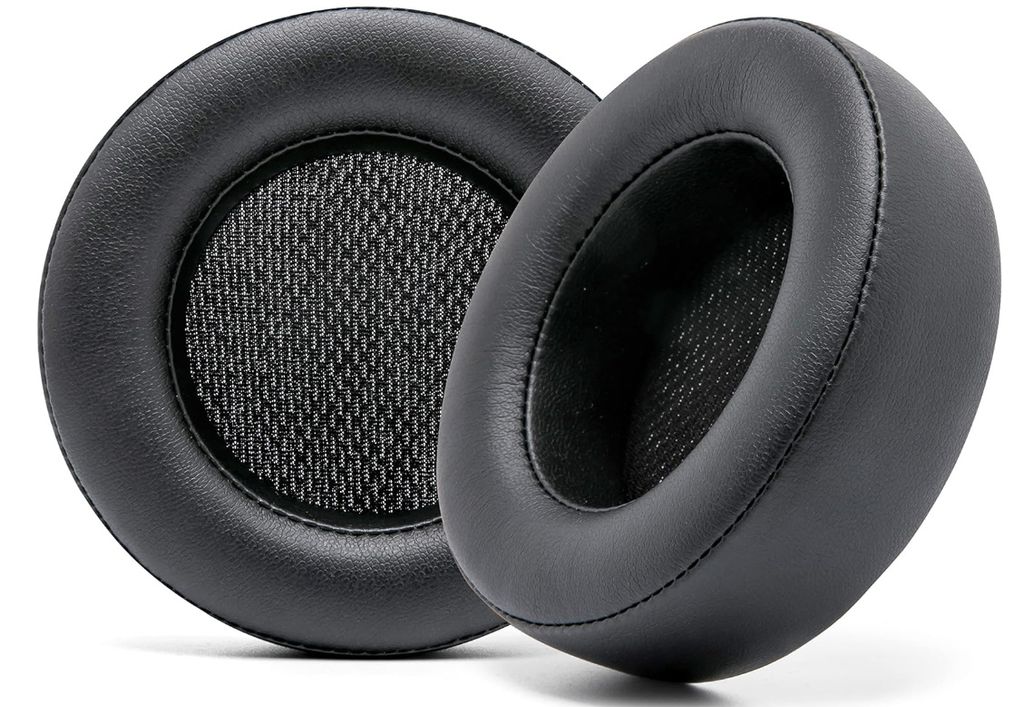 Two black ear pads for headphones are shown against a white background.