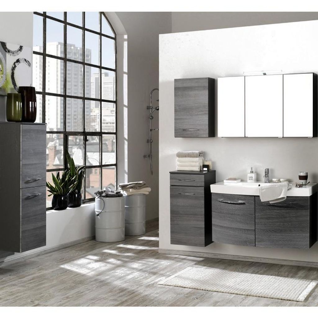 Badmöbel Set FLORIDO-03 Eiche Rauchsilber, graphitgrau (5-teilig), Waschtisch mit 2 Türen