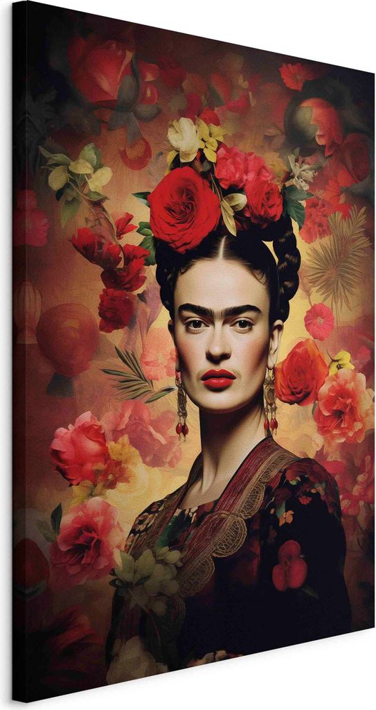 Wandbilder XXL Frida Kahlo 60x90 cm 1 tlg Wand Deko Leinwand Bilder Groß Wohnzimmer Reproduktion Mit Rosen Frau Porträt Abstraktion h-H-10060-b-a