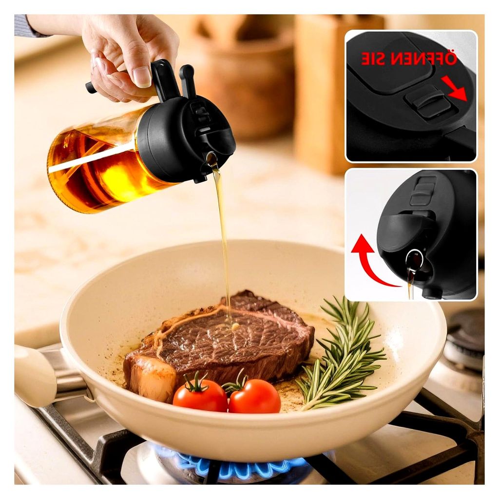 2 in 1 Ölsprüher für die Küche, 470ml Glasflasche für Olivenöl, geeignet für Salate, Grillen und Heißluftfritteusen (Schwarz)
