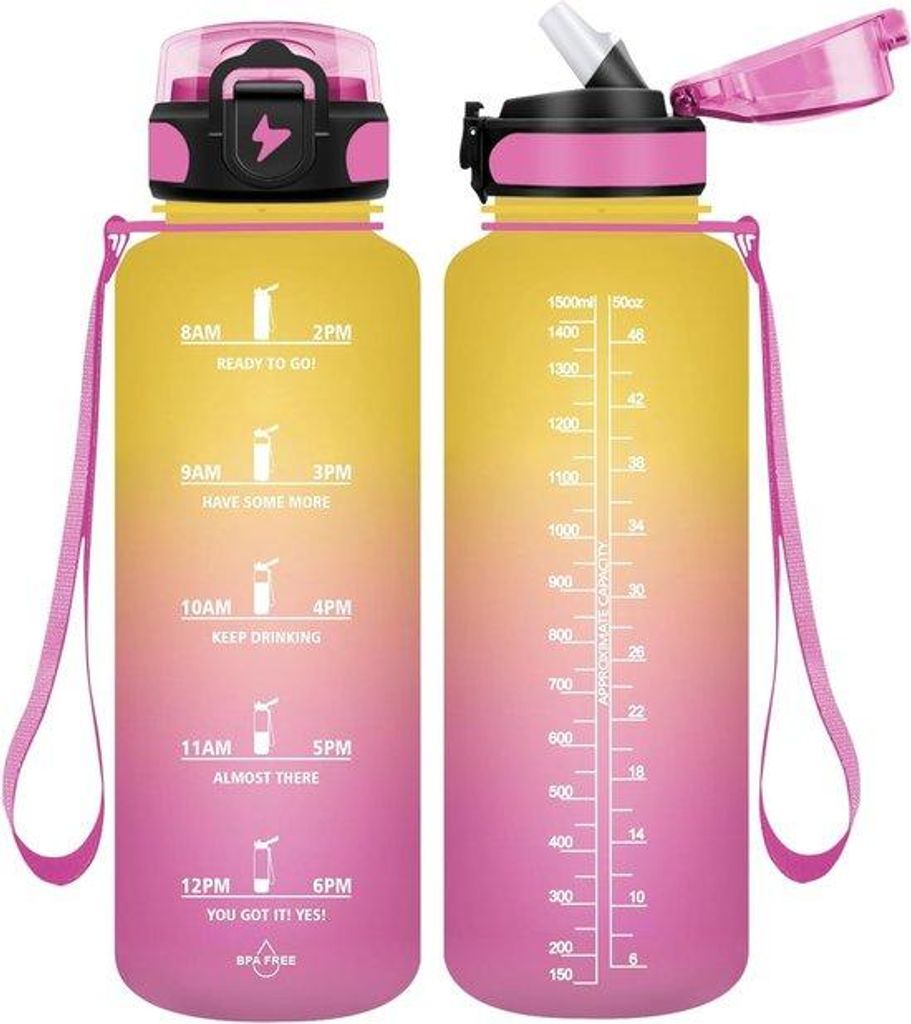 Kunststoff-Wasserflasche mit Griffe, 1,5 Liter, -frei, 1500 ml, leckfrei, groß, für Yoga, Fitness, Reisen, Outdoor