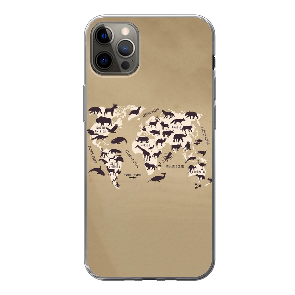 MuchoWow Handyhülle Schutzhülle Hülle für iPhone 12 Pro Max Weltkarte - Tiere - Braun Silikon Softcase Handy Hülle - Hartschale