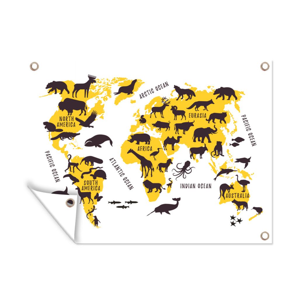MuchoWow 80x60 cm Outdoor-Poster Gartendeko Sichtschutz Garten Poster für den Garten Weltkarte - Tiere - Gelb