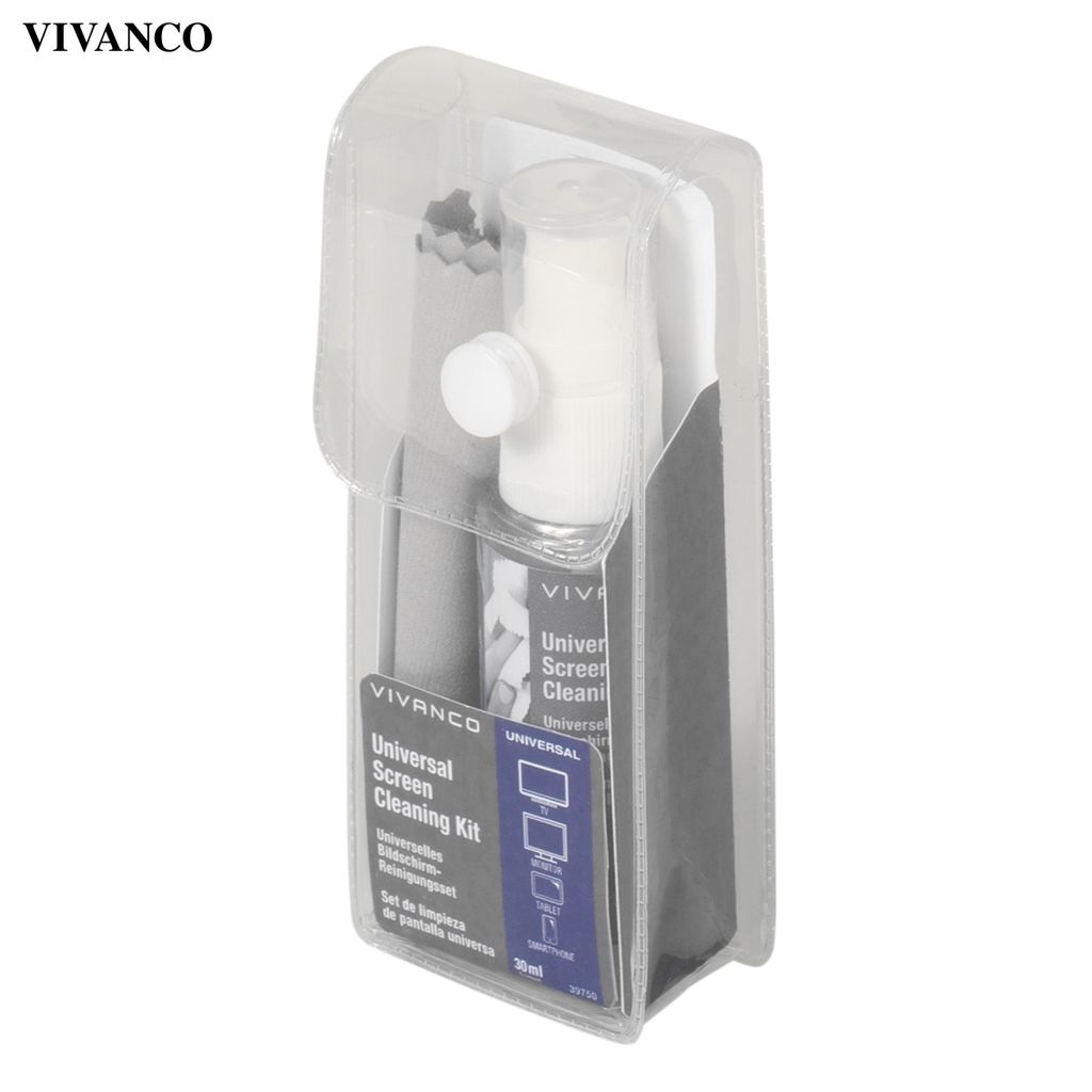 VIVanco hochwertiges universelles Bildschirm Reinigungsset, kompatibel mit TV, PC, Notebook, Tablet und Smartphone, inkl. Mikrofasertuch 30ml
