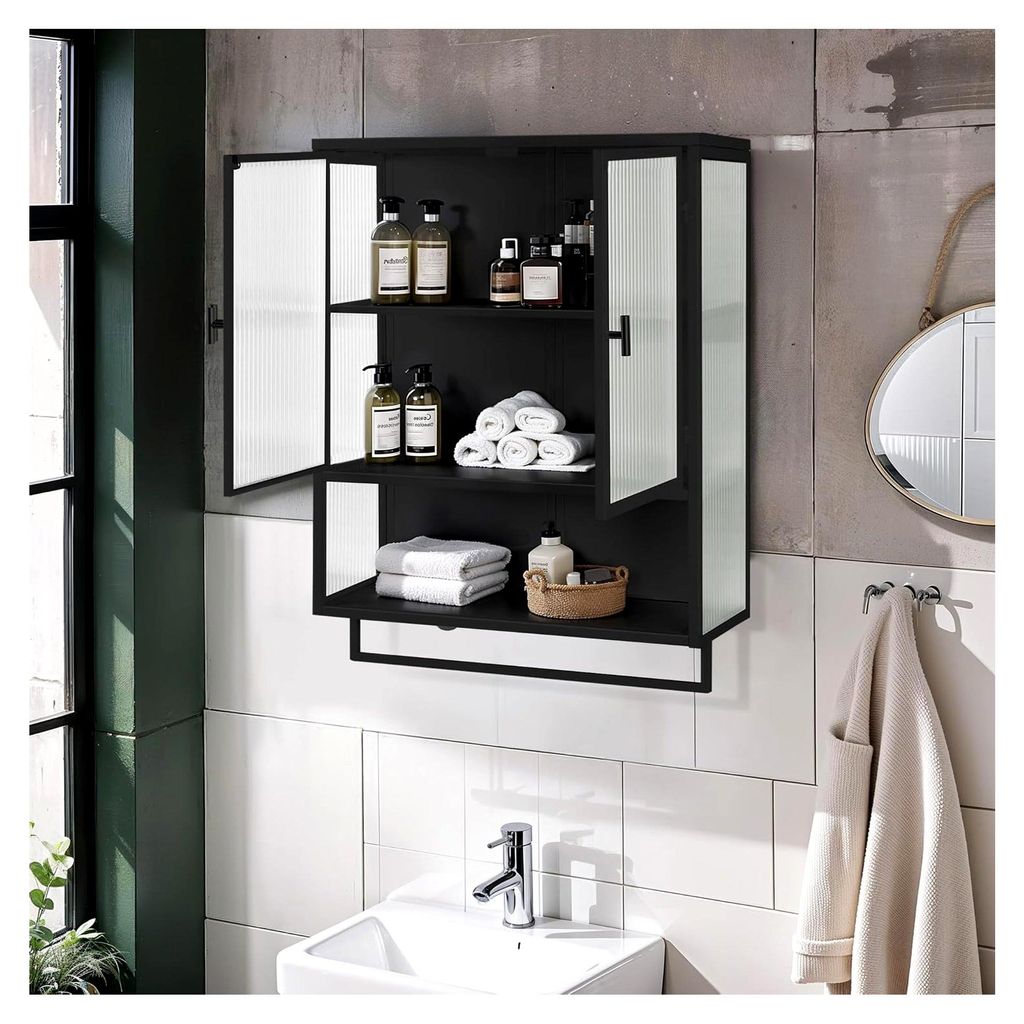 Moderner 60CM Wandschrank mit Glasfronten - Zweistufiges Schließfach, offenes Regal und Handtuchhalter für Flur, Wohnzimmer, Bad und Esszimmer in...