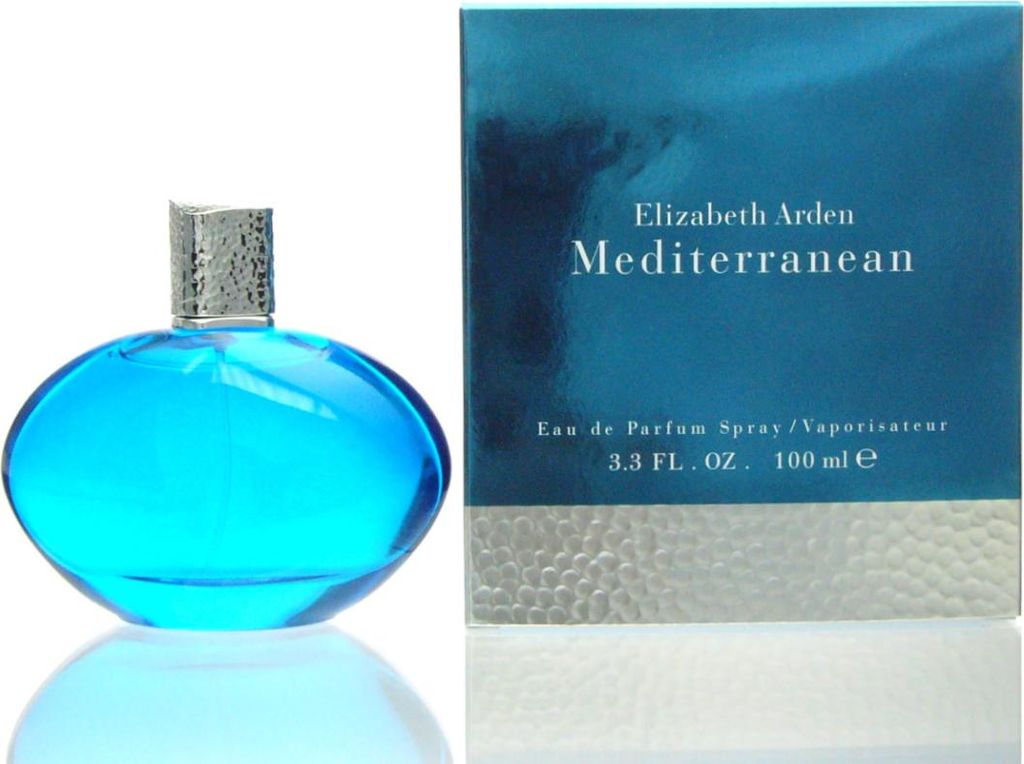 A bottle of Elizabeth Arden Mediterranean perfume and its packaging are displayed side-by-side against a white background.