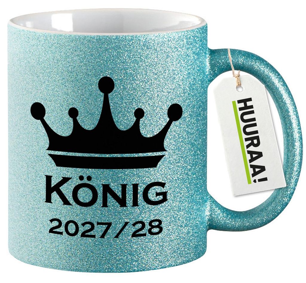 Huuraa Glitzertasse König 2027/28 Krone Schüztenkönig 330ml Blau Keramik Kaffeebecher Geschenkidee