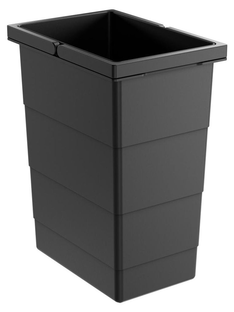 A black plastic trash can insert with a rectangular opening at the top and horizontal ridges along its sides.