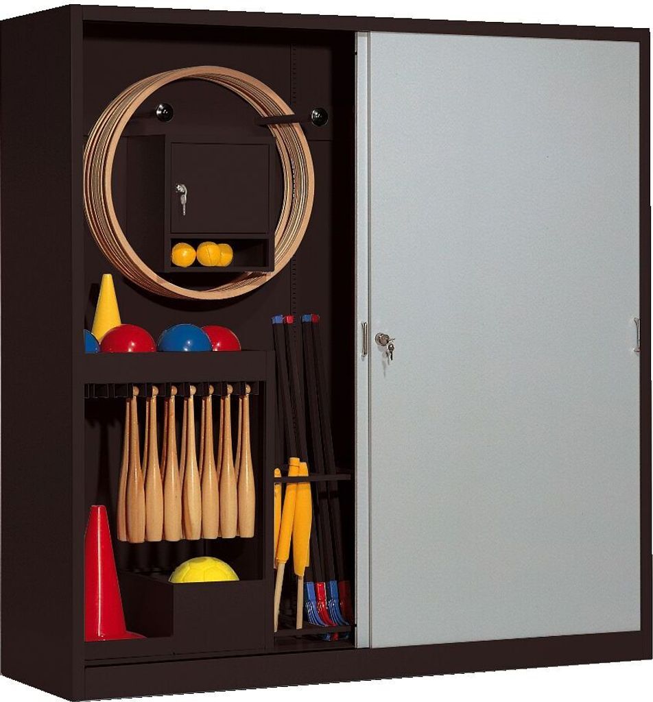 C+P Sportgeräteschrank mit Vollblech-Schiebetüren (Typ 5), HxBxT 195x190x60 cm, Lichtgrau (RAL 7035), Anthrazit (RAL 7021), Gleichschließung