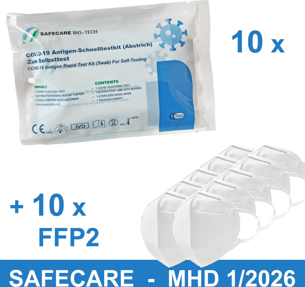 10x Selbsttest + 10x FFP2 Maske - SAFECARE Corona Produktbild 