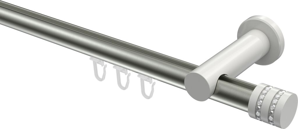 Interdeco Innenlaufstange / Gardinenstange mit Innenlauf Edelstahl-Optik / Weiß, Typ Platon Estana (Glitzerkappe), 20 mm Ø 1-läufig, 120 cm
